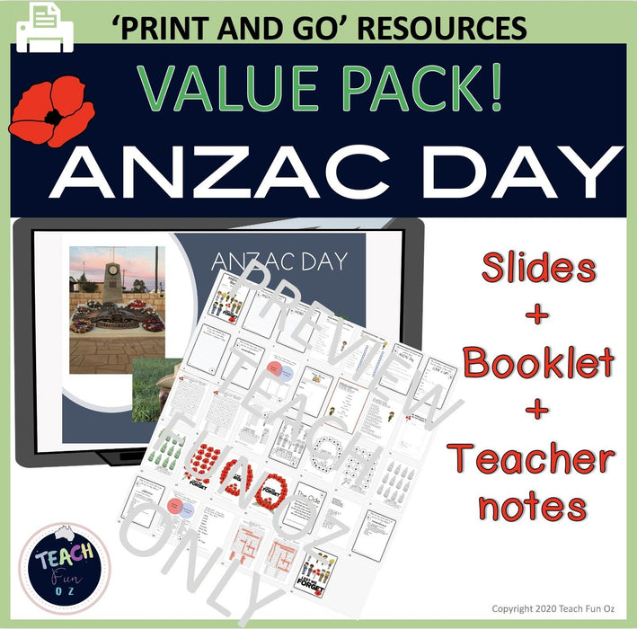 Anzac Day Activities Worksheets Packet Booklet Anzac Facts Slideshow Primary 42p - Teach Fun Oz Resources