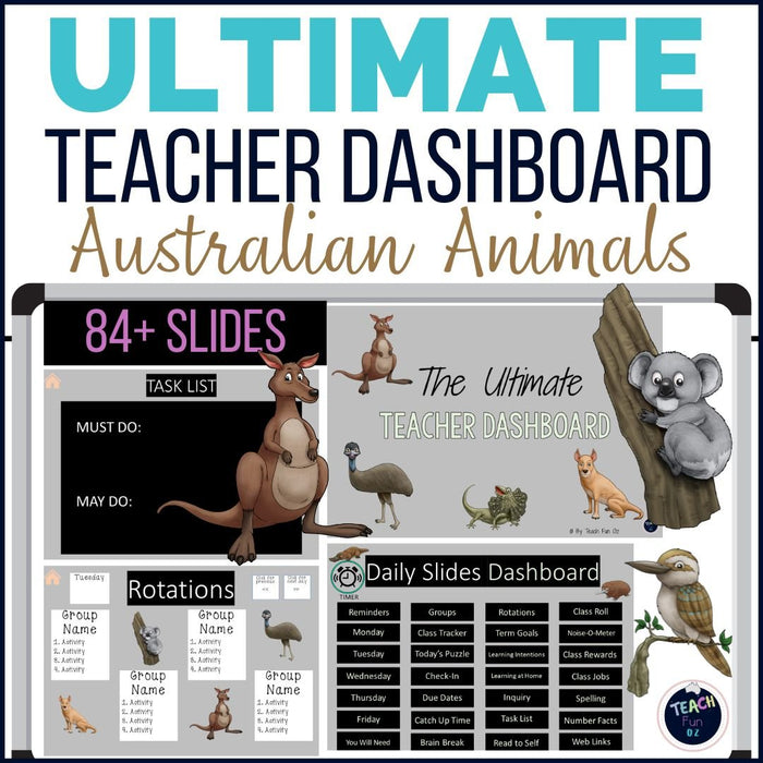 Australian Animals Australiana - Ultimate Teacher Dashboard Editable Daily Agenda Slides and Timers - Teach Fun Oz Resources