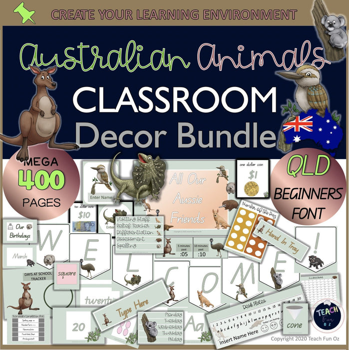 Australian Native Animals Aussie Animal Classroom Decor Posters Labels QLD Font - Teach Fun Oz Resources