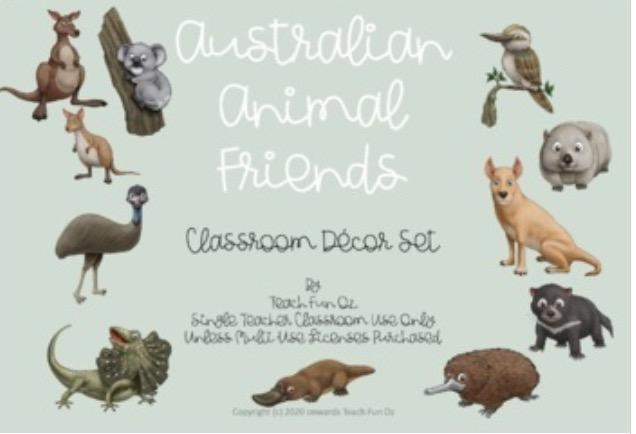 Australian Native Animals Aussie Animal Classroom Decor Posters Labels QLD Font - Teach Fun Oz Resources