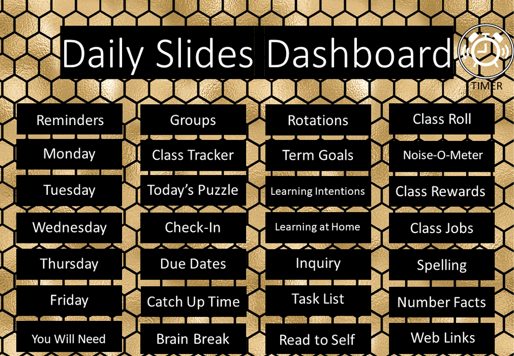 Bees - Golden Hive - Ultimate Teacher Dashboard Editable Daily Agenda Slides and Timers - Teach Fun Oz Resources