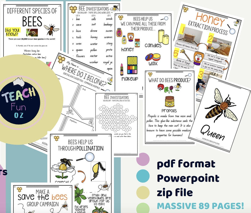 BEES UNIT Bee Life Cycle Invertebrates Vertebrates Living Science Year 1 2 3 4 - Teach Fun Oz Resources