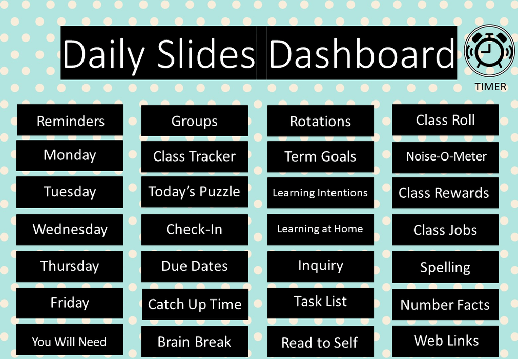 Blue Retro Dots - Ultimate Teacher Dashboard Editable Daily Agenda Slides and Timers - Teach Fun Oz Resources