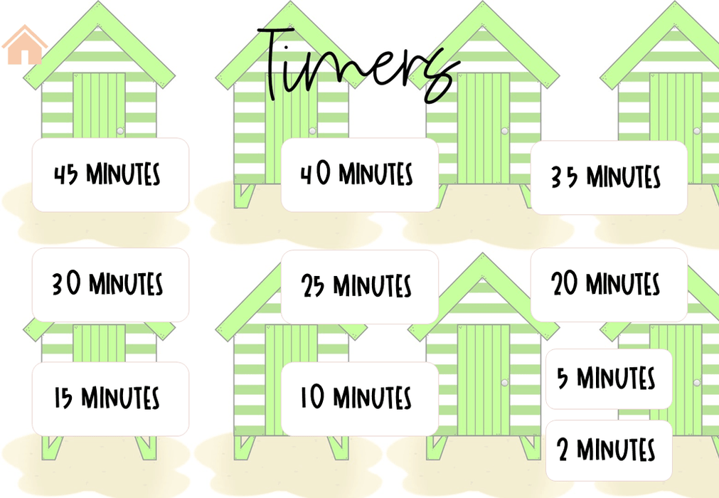 Bright Beach Houses- Ultimate Teacher Dashboard Editable Daily Agenda Slides and Timers - Teach Fun Oz Resources