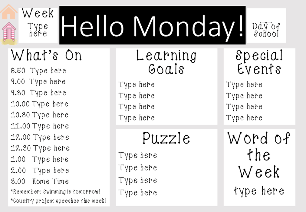 Bright Beach Houses- Ultimate Teacher Dashboard Editable Daily Agenda Slides and Timers - Teach Fun Oz Resources