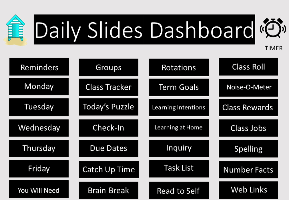 Bright Beach Houses- Ultimate Teacher Dashboard Editable Daily Agenda Slides and Timers - Teach Fun Oz Resources
