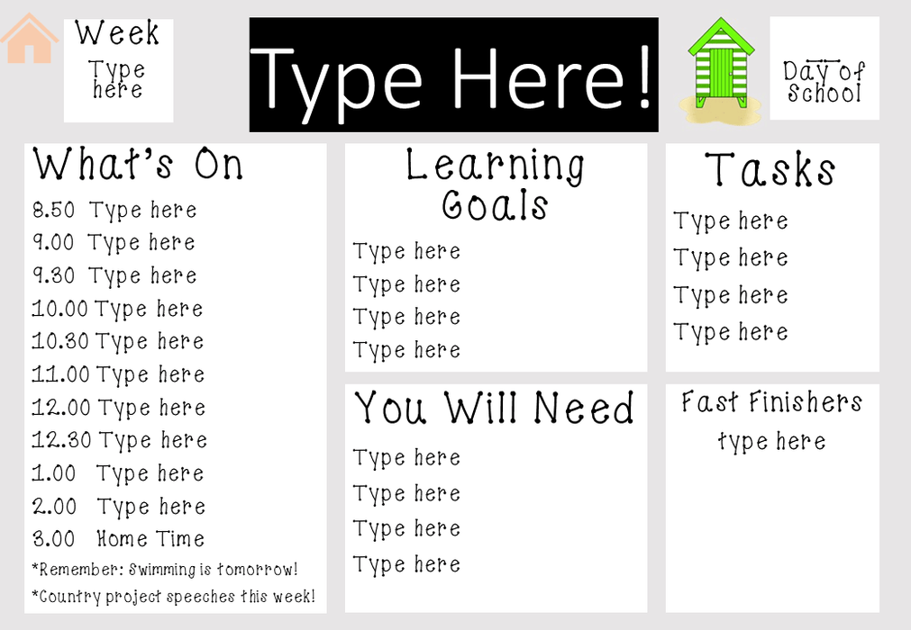 Bright Beach Houses- Ultimate Teacher Dashboard Editable Daily Agenda Slides and Timers - Teach Fun Oz Resources