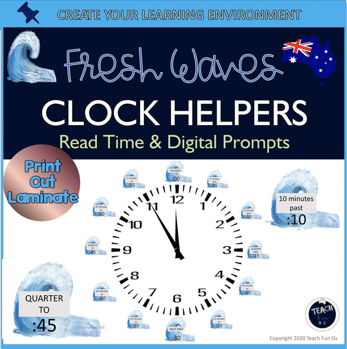 Clock Labels Helpers for Reading Time Fresh Waves Beach Theme QLD Font Maths - Teach Fun Oz Resources