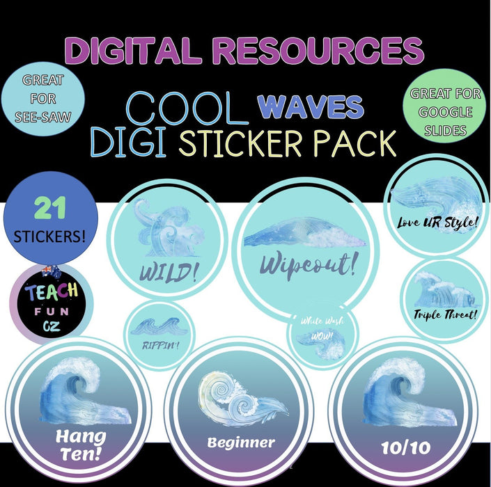 Digital Stickers 21 Pack Beach Waves for Seesaw Google and More - Teach Fun Oz Resources