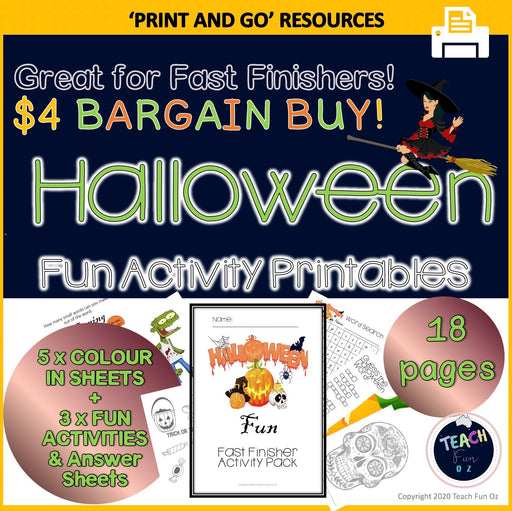 HALLOWEEN Activity Packet 16 Page Booklet Fast Finishers Colour In Color Sheets - Teach Fun Oz Resources
