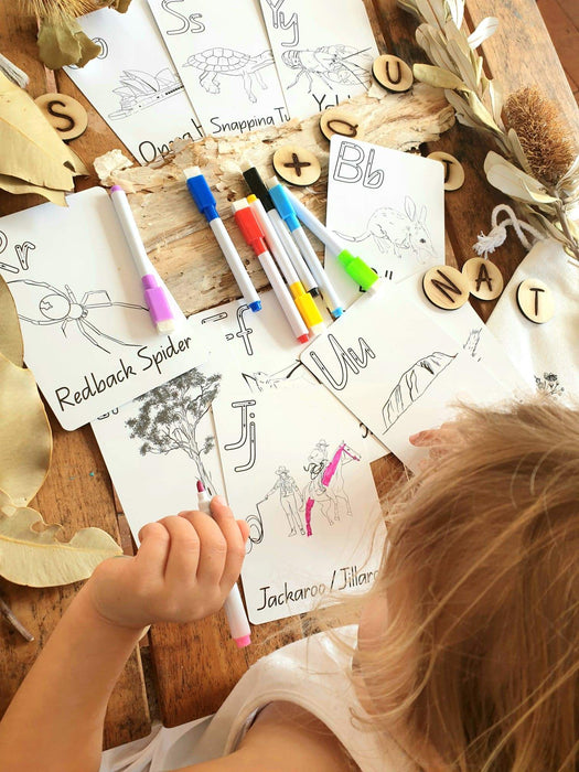Kids Australian Alphabet Cards - Lil Eve 26 Cards Set with markers and bag - Teach Fun Oz Resources