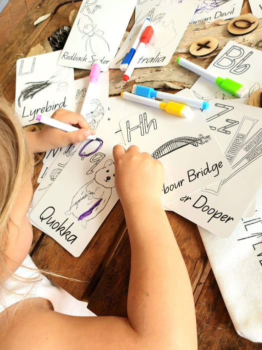 Kids Australian Alphabet Cards - Lil Eve 26 Cards Set with markers and bag - Teach Fun Oz Resources