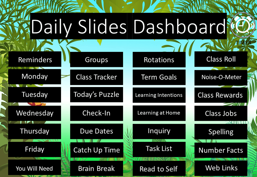 Lush Jungle - Ultimate Teacher Dashboard Editable Daily Agenda Slides and Timers - Teach Fun Oz Resources