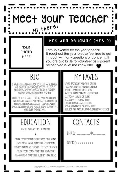 Meet the Teacher template editable sheet 4 designs FREE download Back to School - Teach Fun Oz Resources