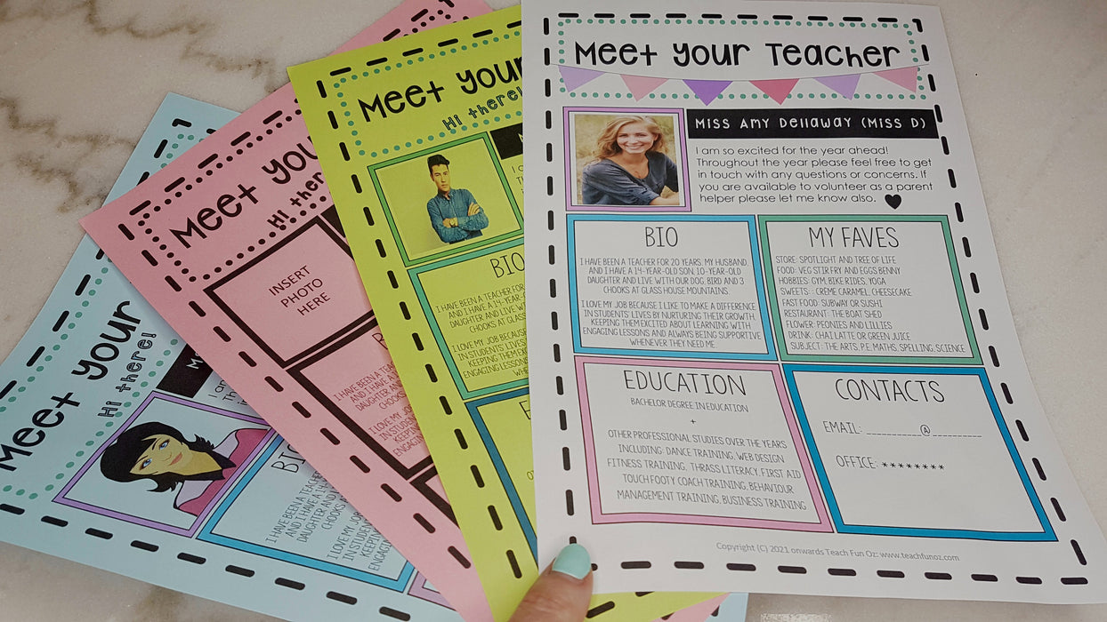 Meet the Teacher template editable sheet 4 designs FREE download Back to School - Teach Fun Oz Resources