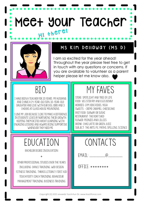 Meet the Teacher template editable sheet 4 designs FREE download Back to School - Teach Fun Oz Resources