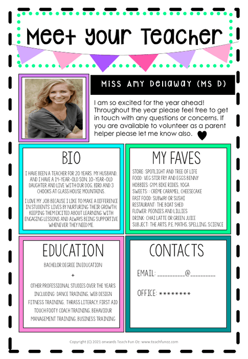 Meet the Teacher template editable sheet 4 designs FREE download Back to School - Teach Fun Oz Resources