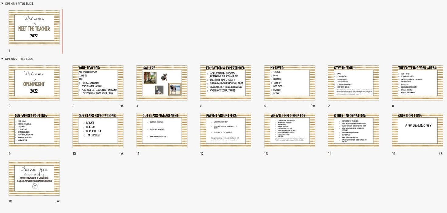 Meet the Teacher Template Editable Slideshow | Open House | GOLD STRIPES - Teach Fun Oz Resources