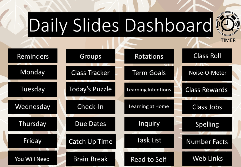 Neutral Forest - Ultimate Teacher Dashboard Editable Daily Agenda Slides and Timers - Teach Fun Oz Resources