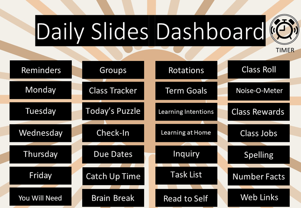 Neutral Sun - Ultimate Teacher Dashboard Editable Daily Agenda Slides and Timers - Teach Fun Oz Resources