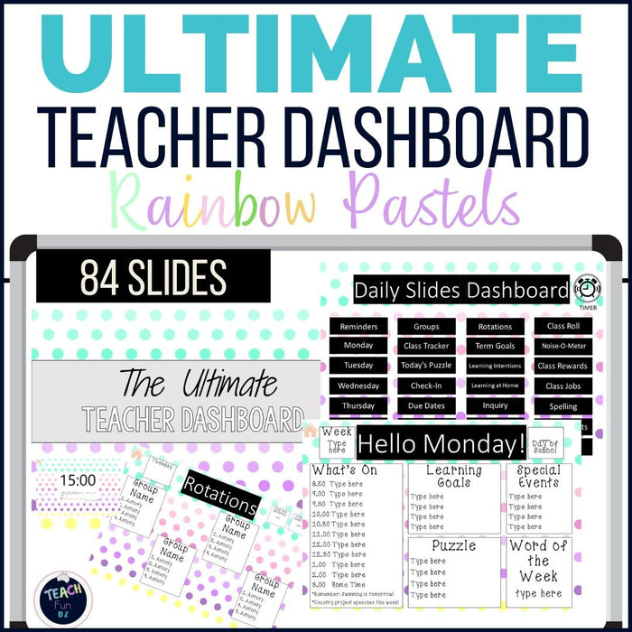 Pastel Rainbow Dots - Ultimate Teacher Dashboard Editable Daily Agenda Slides and Timers - Teach Fun Oz Resources