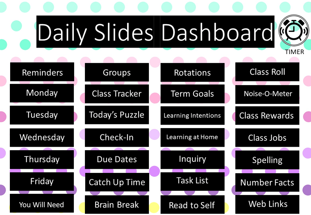 Pastel Rainbow Dots - Ultimate Teacher Dashboard Editable Daily Agenda Slides and Timers - Teach Fun Oz Resources