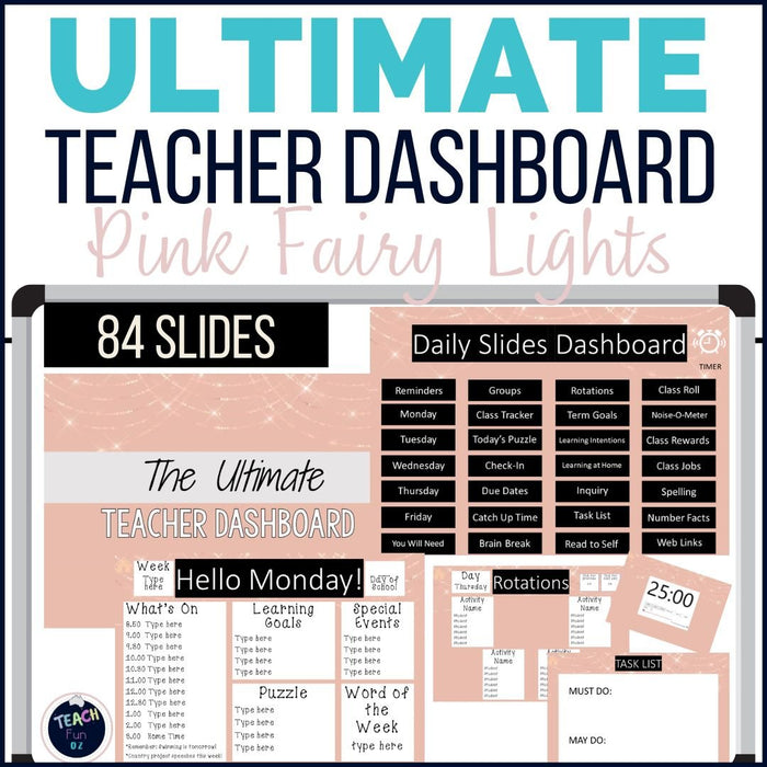 Pink Fairy Lights - Ultimate Teacher Dashboard Editable Daily Agenda Slides and Timers - Teach Fun Oz Resources