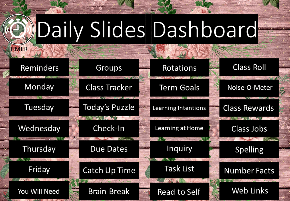 Pink Floral Rustic - Ultimate Teacher Dashboard Editable Daily Agenda Slides and Timers - Teach Fun Oz Resources