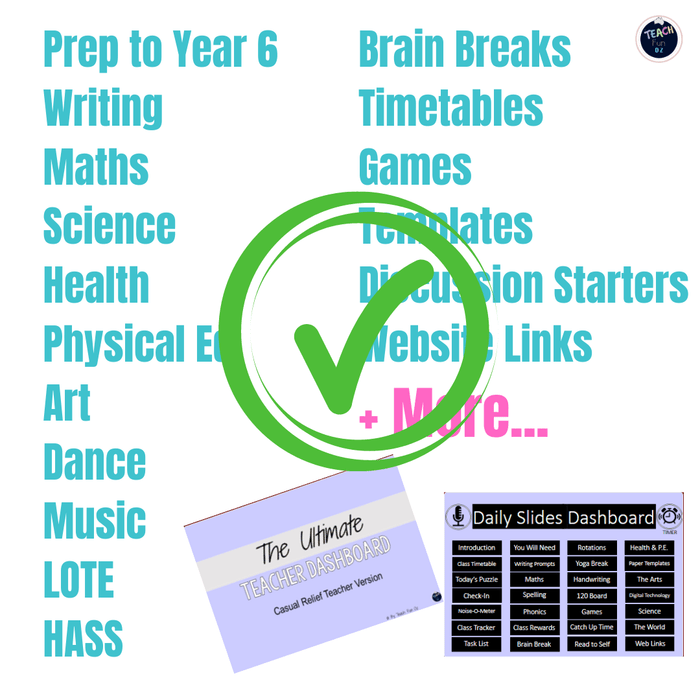 Relief Teacher Ultimate Dashboard - Editable Daily Slides Lesson Ideas and Timers for Primary or Elementary Supply - Teach Fun Oz Resources