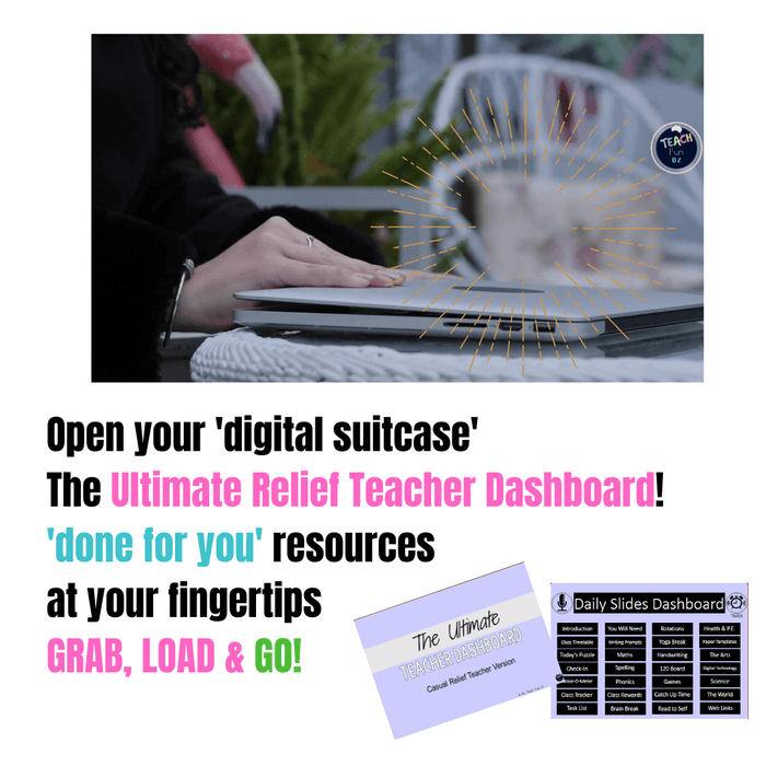 Relief Teacher Ultimate Dashboard - Editable Daily Slides Lesson Ideas and Timers for Primary or Elementary Supply - Teach Fun Oz Resources