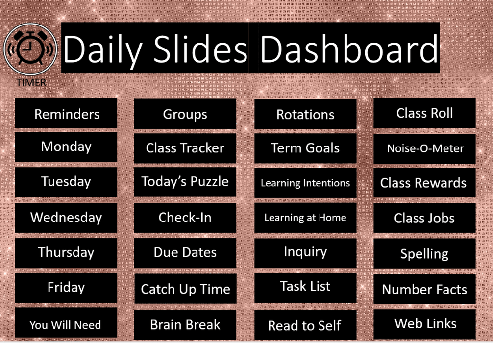 Rose Gold Ultimate Teacher Dashboard Editable Daily Agenda Slides and Timers - Teach Fun Oz Resources