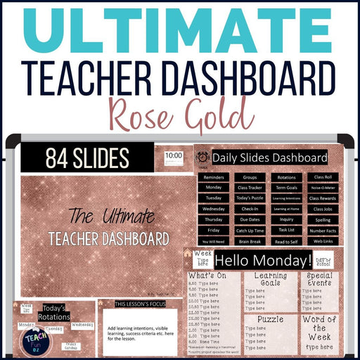 Rose Gold Ultimate Teacher Dashboard Editable Daily Agenda Slides and Timers - Teach Fun Oz Resources