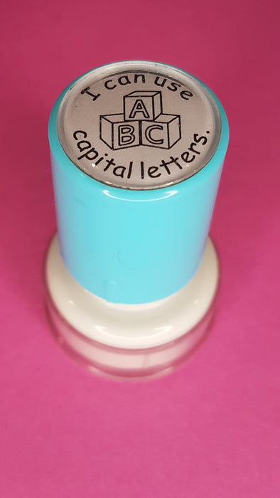 Teacher Stamp Small Round - I Can Use Capital Letters - Blue Ink - Teach Fun Oz Resources