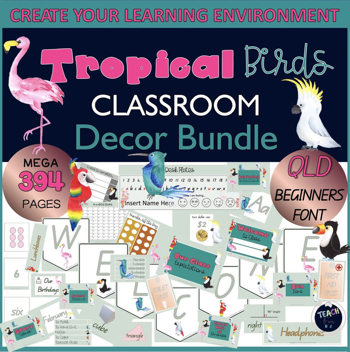 Tropical Birds Classroom Decor Theme 397 Pages MEGA Pack Posters Labels QLD Font - Teach Fun Oz Resources