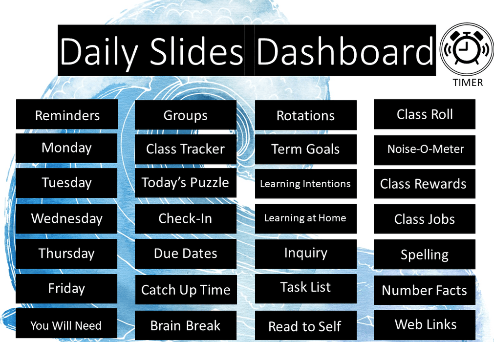 Waves Ultimate Teacher Dashboard Editable Daily Agenda Slides and Timers - Teach Fun Oz Resources