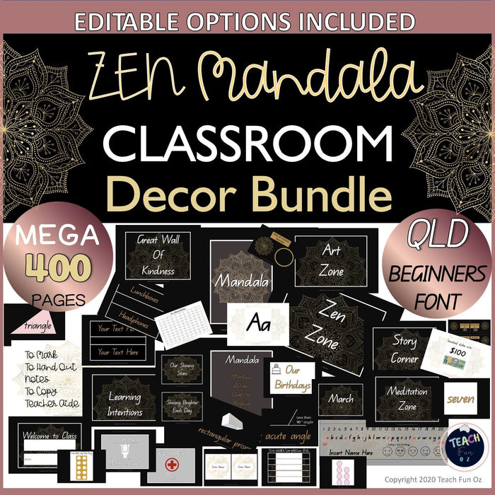 Zen Mandala Gold and Black Decor Theme 400 Pages MEGA Pack QLD Font Australian - Teach Fun Oz Resources