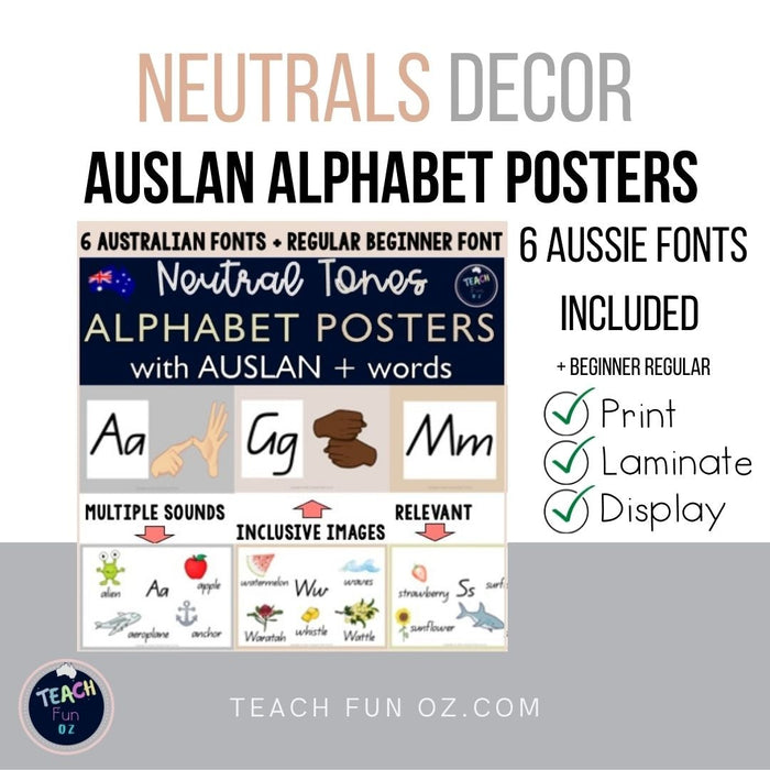 Auslan Alphabet Posters Sign Language Inclusive SPED - NEUTRALS Decor Australian - Teach Fun Oz Resources
