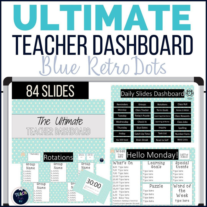 Blue Retro Dots - Ultimate Teacher Dashboard Editable Daily Agenda Slides and Timers - Teach Fun Oz Resources