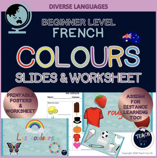 BUNDLE French Colours Colors Couleurs Slide Posters and Worksheet Google Slides - Teach Fun Oz Resources