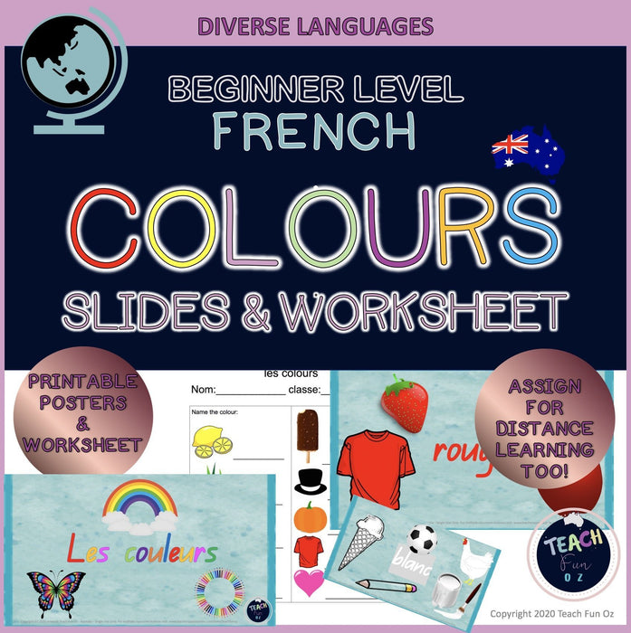 BUNDLE French Colours Colors Couleurs Slide Posters and Worksheet Google Slides - Teach Fun Oz Resources