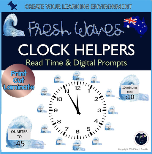 Clock Labels Helpers for Reading Time Fresh Waves Beach Theme QLD Font Maths - Teach Fun Oz Resources