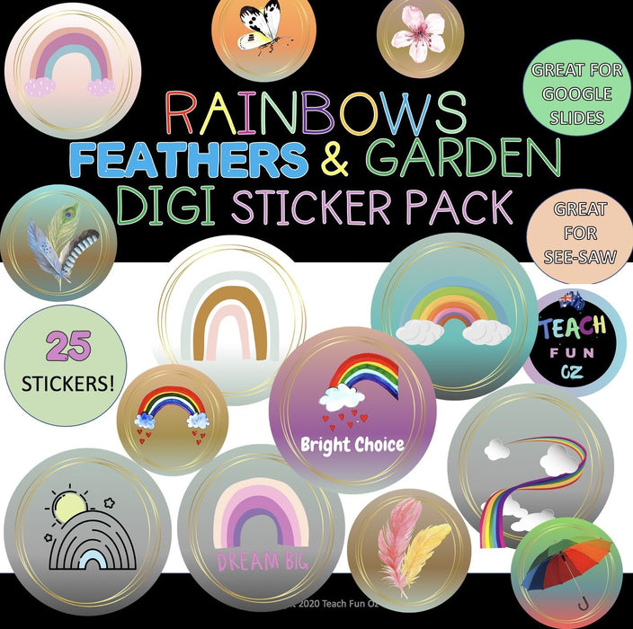 Digital Stickers 25 Pack Rainbows Feathers and Garden for Seesaw Google and More - Teach Fun Oz Resources