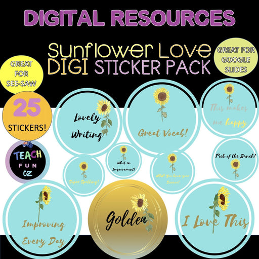 Digital Stickers 25 Pack Sunflower Love for Seesaw Google and More - Teach Fun Oz Resources