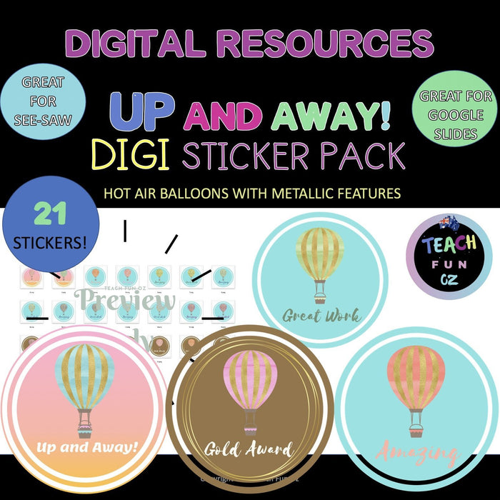 Digital Stickers Hot Air Balloon 21 Pack for Seesaw Google and More - Teach Fun Oz Resources