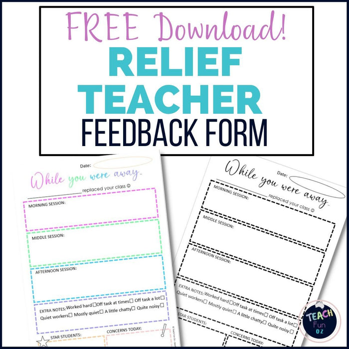 FREE Relief Teacher Day Feedback Form Substitute Class - Teach Fun Oz Resources