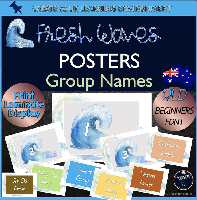 Fresh Waves Beach Theme Group Names Posters QLD Font - Teach Fun Oz Resources