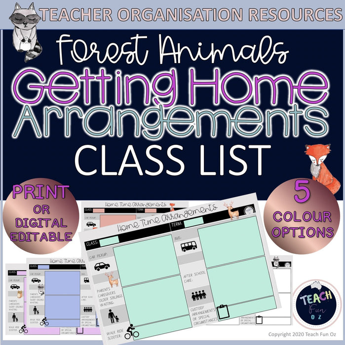 Getting Home End of Day Home Time Travel Arrangements Chart - Forest Animals - Teach Fun Oz Resources