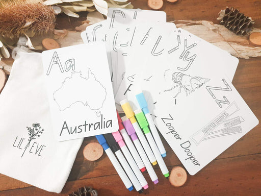 Kids Australian Alphabet Cards - Lil Eve 26 Cards Set with markers and bag - Teach Fun Oz Resources