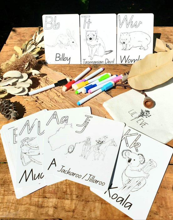 Kids Australian Alphabet Cards - Lil Eve 26 Cards Set with markers and bag - Teach Fun Oz Resources