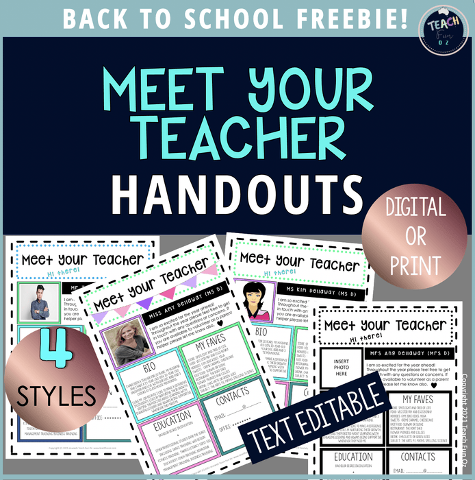 Meet the Teacher template editable sheet 4 designs FREE download Back to School - Teach Fun Oz Resources